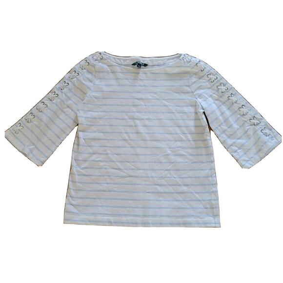 Lauren Ralph Lauren Tops - Lauren Ralph Lauren Top Shirt Womens Large White Blue Striped Lace Up 3/4 Sleeve